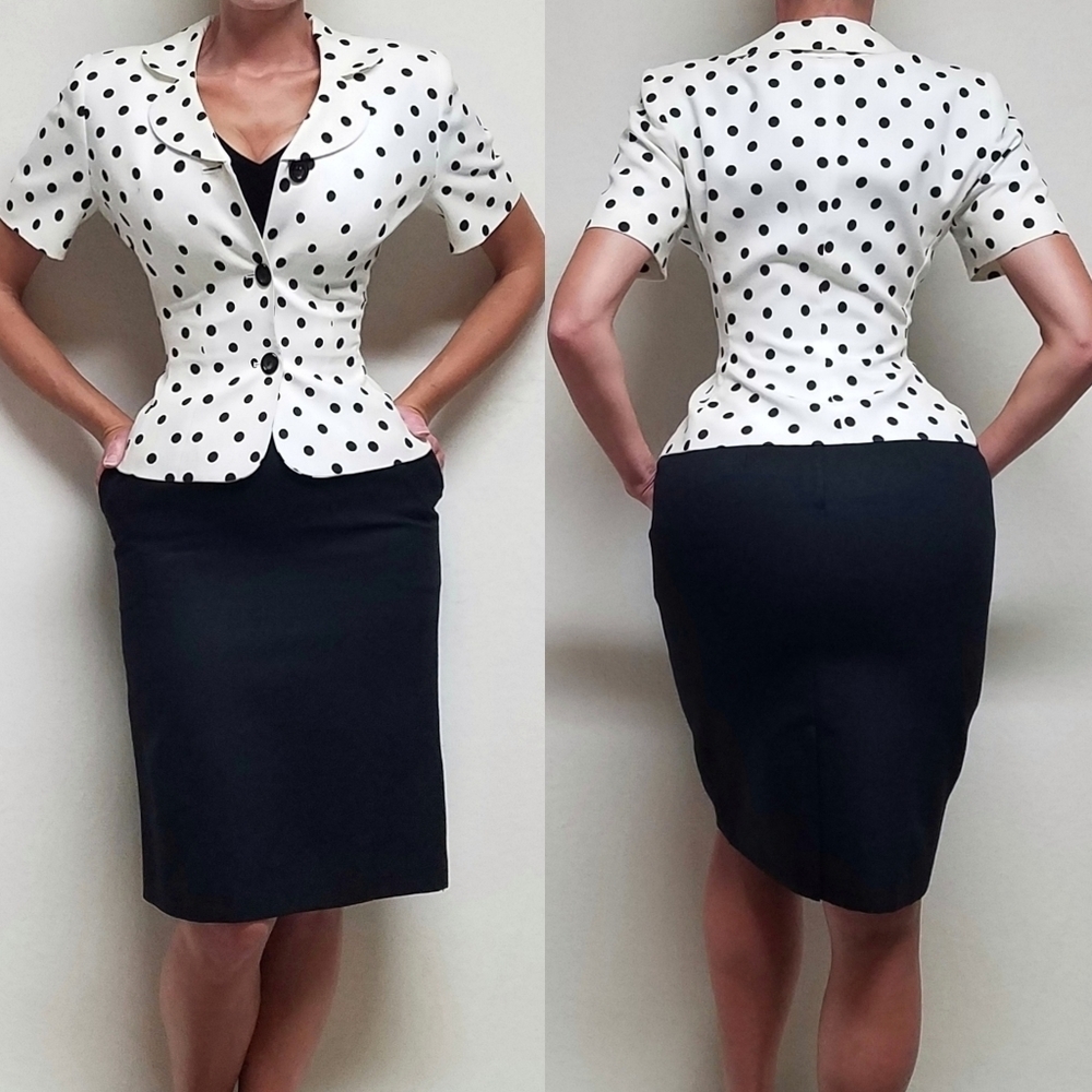 70s Vintage Koret Pin-up Black White Polka-dot Peplum Jacket Pencil Skirt Set 6